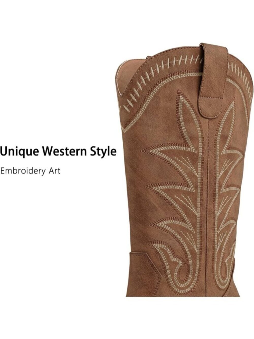 Women's Brown Square Toe Mid Calf Chunky Heel Classic Fall Western Cowgirl Boots - Picture 4 of 7